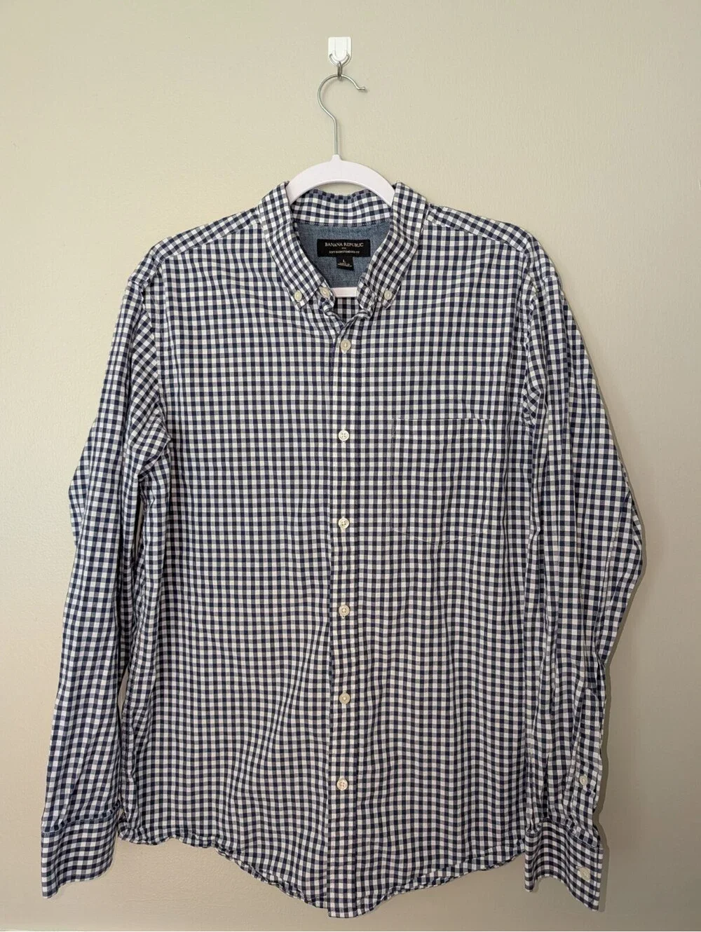 Men’s Banana Republic Long Sleeve Button Down Blue Checkered Shirt Size Large
